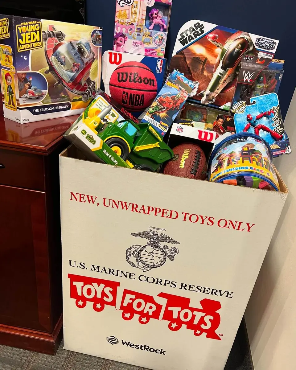 Box of new unwrapped toys collected by Ghostbusters Virginia for the U.S. Marines Toys for Tots program